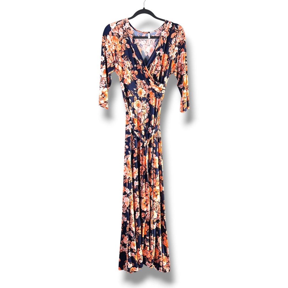PinkBlush Sz Large Maxi Dress Navy Orange Floral Faux Wrap Maternity Cottagecore